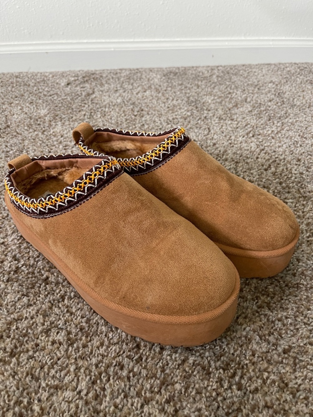 Women's Tan Suede Platform Mules with Decorative Trim
